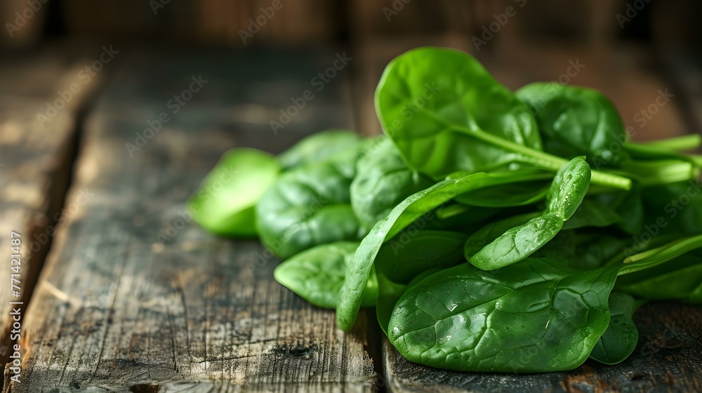 Fototapeta premium Close up of fresh Spinach Leaves on a rustic wooden Table