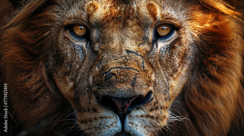 Close-up of a powerful male lion's face, showcasing its intense gaze and majestic mane in the wild.