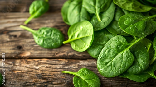 Close up of fresh Spinach Leaves on a rustic wooden Table