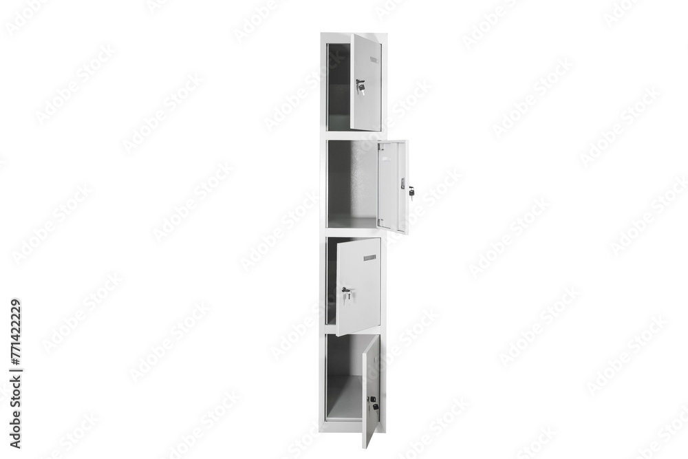 White lockers with silver numbers in bright interior. Change room metal box row White lockers with silver numbers in bright interior. Change room metal box row