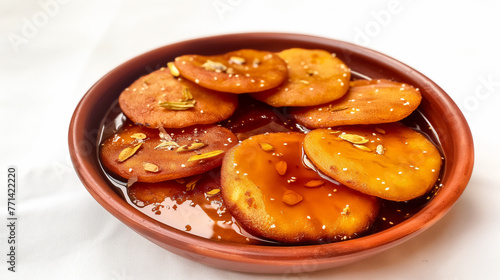 Malpua  traditional Indian sweet pancakes served with Rabri  garnished with almond flakes and rose buds  on a white background