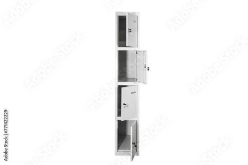 White lockers with silver numbers in bright interior. Change room metal box row