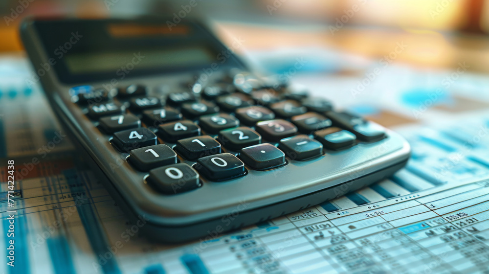 A calculator on detailed financial charts and graphs, portraying financial analysis and accounting. A calculator on detailed financial charts and graphs, portraying financial analysis and accounting.