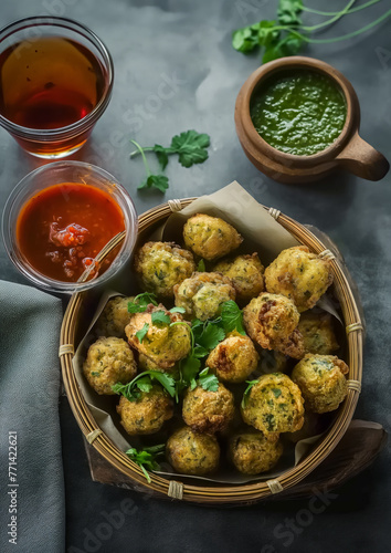Crispy moong dal pakoras served in a bamboo bowl with green chutney and tea on a grey background