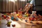 A children's playroom with plastic multicolored educational constructors, scattered toys. A playground for preschoolers in kindergarten. the interior of the children's room. Free space.
