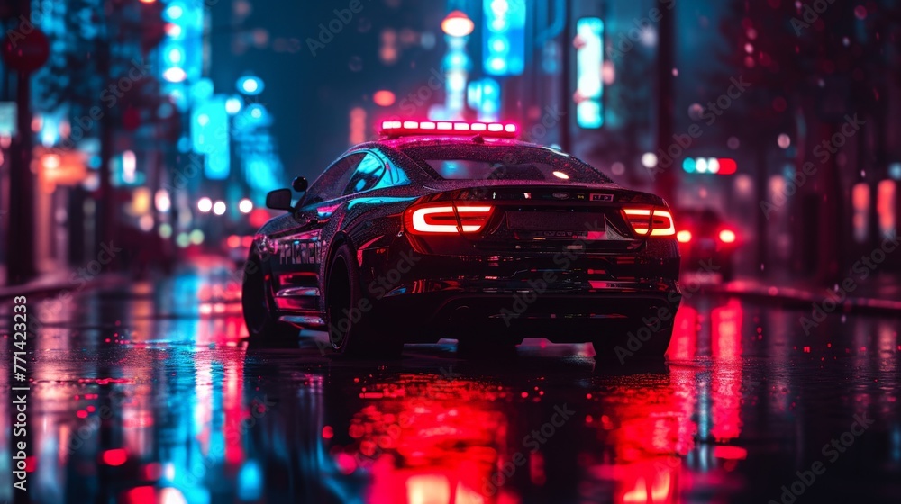 Police car driving down city street at night with red lights on roof, patrol vehicle in urban area patroling Police car driving down city street at night with red lights on roof, patrol vehicle in urban area patroling