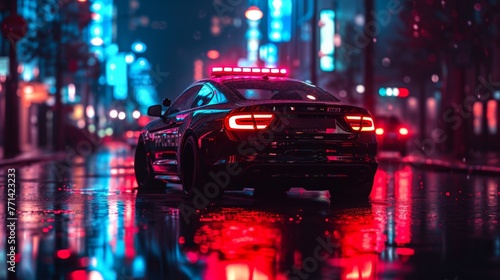 Police car driving down city street at night with red lights on roof, patrol vehicle in urban area patroling © VICHIZH