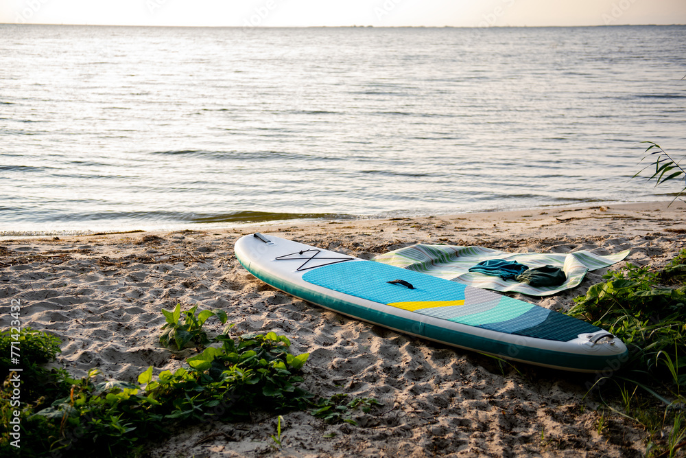 sup paddle board on the lake coast - obrazy, fototapety, plakaty 