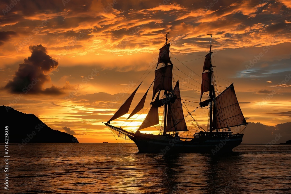 Fototapeta premium A large sailboat is sailing on a calm sea at sunset