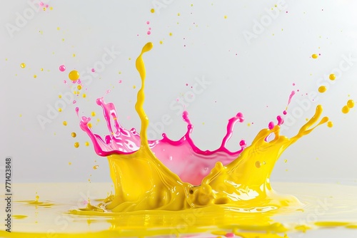 A splash of yellow and pink paint on a white background
