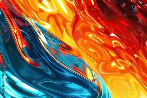 A colorful abstract painting with blue and orange swirls
