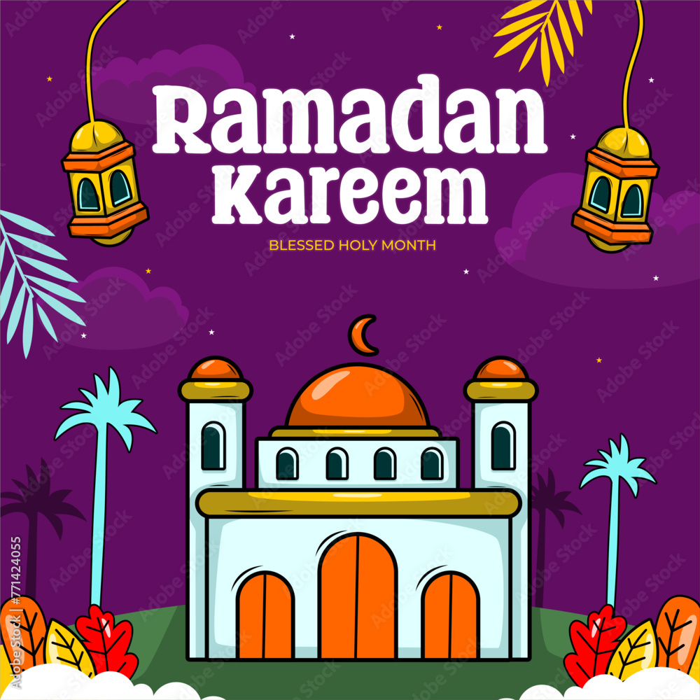 Ramadan Kareem with cartoon Islamic Illustration ornament