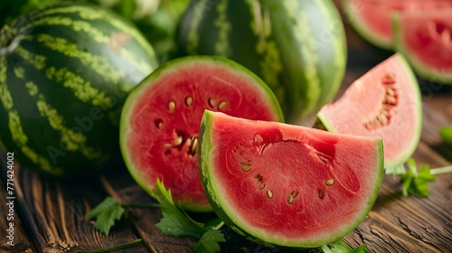 Close up of fresh Watermelons on a rustic wooden Table