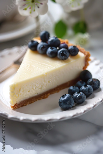 Piece of Cheesecake with blueberries on white plate