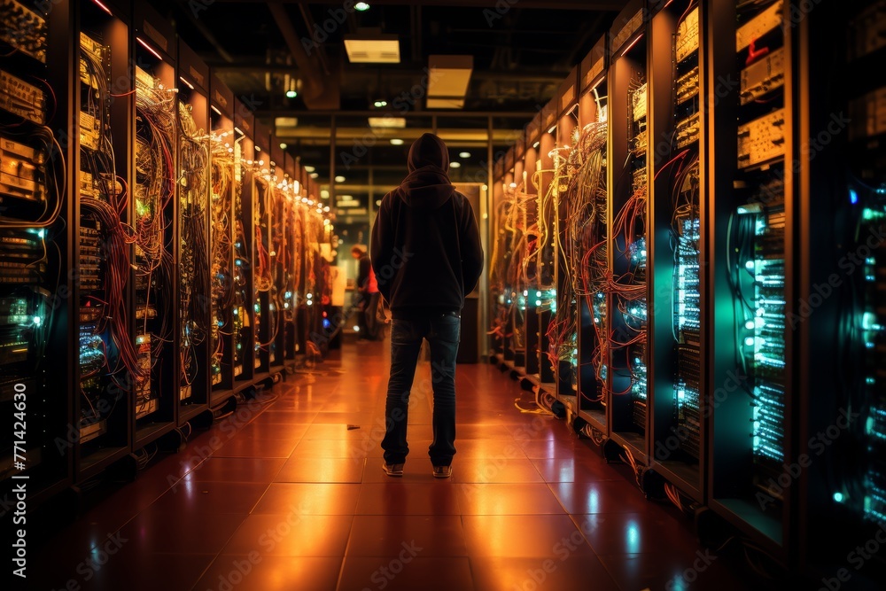 A man stands in a dark server room, gazing at a laptop, surrounded by electric blue technology, glass walls, and metallic machines A man stands in a dark server room, gazing at a laptop, surrounded by electric blue technology, glass walls, and metallic machines