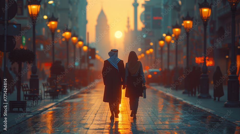 Couple walking down a city street at sunset.