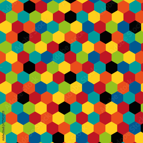 Fondo geométrico con exágonos de colores variados.