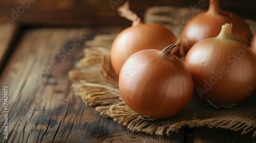 Close up of fresh White Onions on a rustic wooden Table
