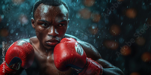 portrait of black young man professional boxer in red gloves boxing on dark background © alexkoral