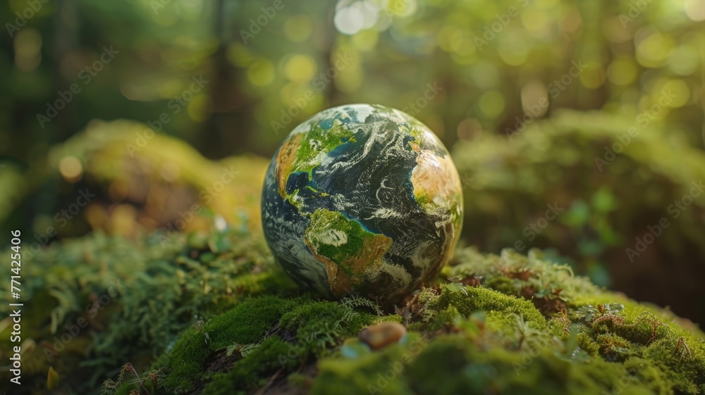 world environment day, earth day ,Environmentally friendly planet poster. Ecology concept.Globe On Moss In Forest Environmental Earth day concept. world environment day, earth day ,Environmentally friendly planet poster. Ecology concept.Globe On Moss In Forest Environmental Earth day concept.
