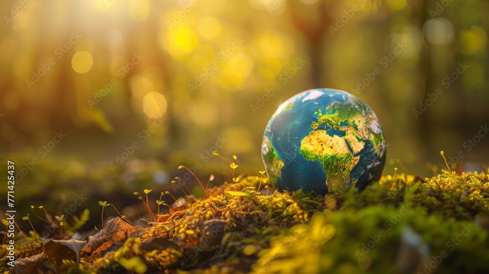 world environment day, earth day ,Environmentally friendly planet poster. Ecology concept.Globe On Moss In Forest Environmental Earth day concept. world environment day, earth day ,Environmentally friendly planet poster. Ecology concept.Globe On Moss In Forest Environmental Earth day concept.