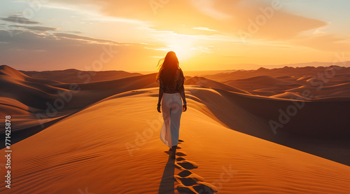 woman walking in a desert at sunset in the style of fem 15acc036-334a-4ac7-a7c2-37a9d8be37f5