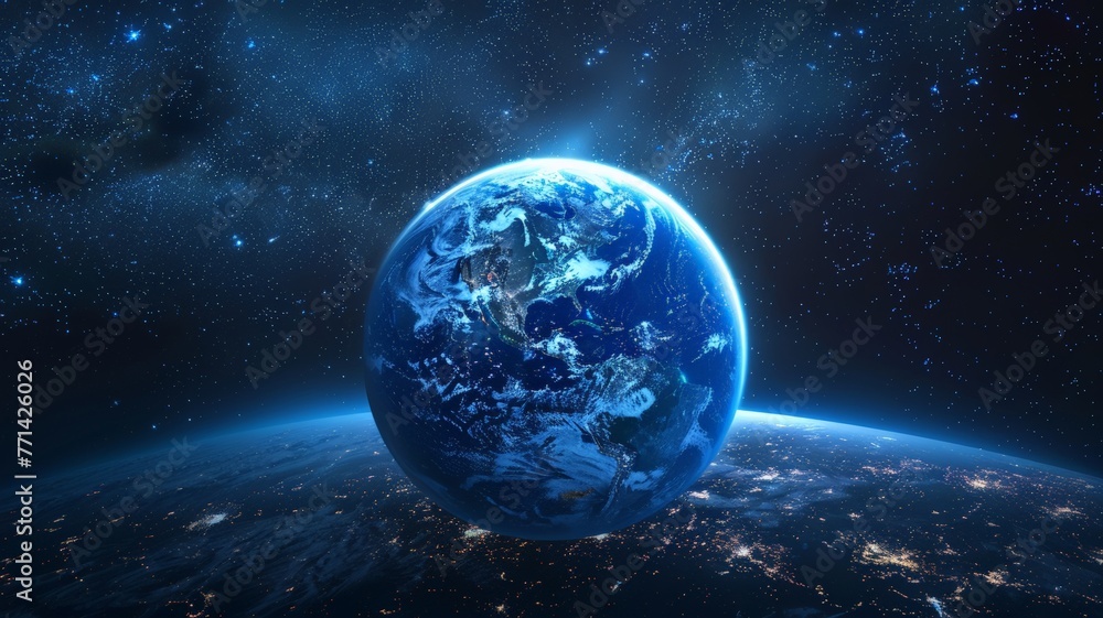 Fototapeta premium Nightly Earth planet in outer space. City lights on planet. Life of people. Solar system element.