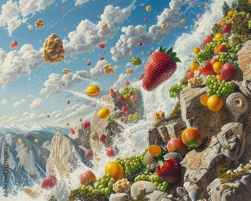 A comedic scene of oversized fruit snacks in various shapes tumbling and rolling down a rocky mountain, causing a fruity avalanche photo