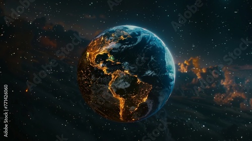 Nightly Earth planet in outer space. City lights on planet. Life of people. Solar system element. photo