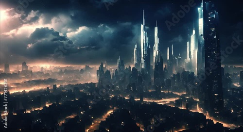 A dark futuristic city skyline with a storm approaching. Cloudy dark sky. Tall skyscrapers and city lights. Apocalyptic futurism. Blue hues. Misty, foggy and stormy. Areal view. Vast cityscape. photo