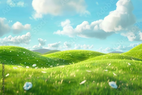 3d realistic cartoon green hills with white clouds on blue sky background. Summer landscape environment. Minimal nature cute composition.