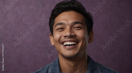 young filipino man on plain bright purple background laughing hysterically looking at camera background banner template ad marketing concept from Generative AI © sevenSkies