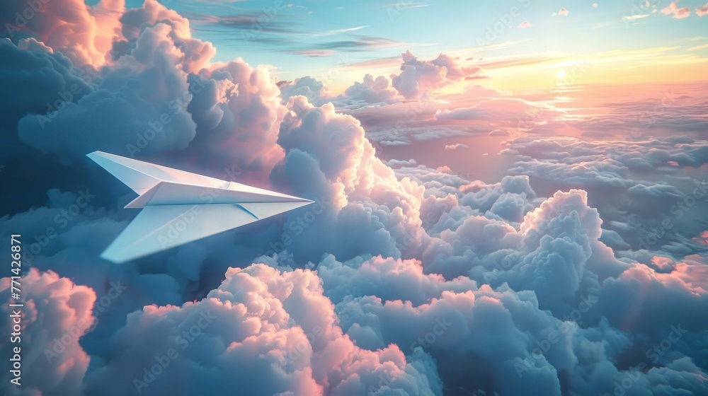 Paper airplane journeying through sunset clouds - obrazy, fototapety, plakaty 
