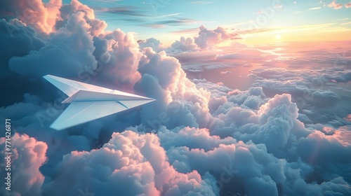 Paper airplane journeying through sunset clouds photo