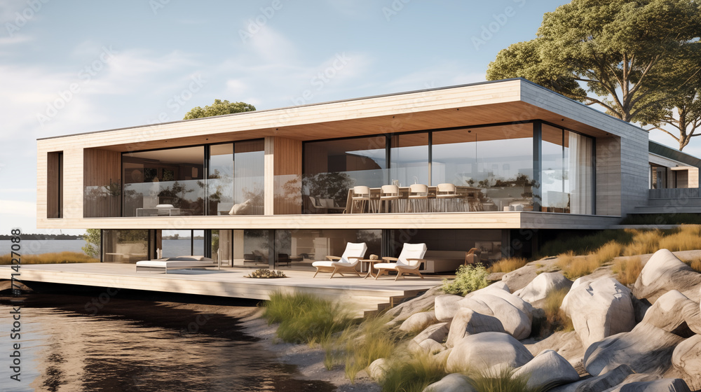 Modern large house by the sea, river, ocean.
