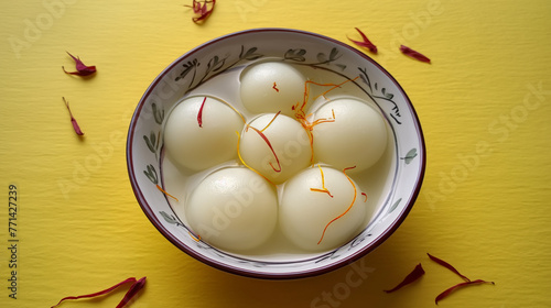 Rasgulle, a famous Bengali sweet, spongy and soft, soaked in sugar syrup, garnished with saffron threads in a ceramic bowl on a yellow background, top view photo