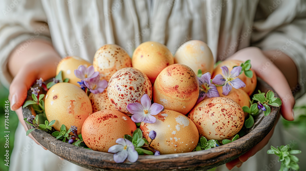 Fototapeta premium Easter Delight Woman with Linen Dress Holding a Bowl of Colorful Spring Eggs