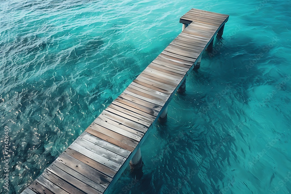 aerial view of a wooden bridge in the sea, drone view of turquoise water