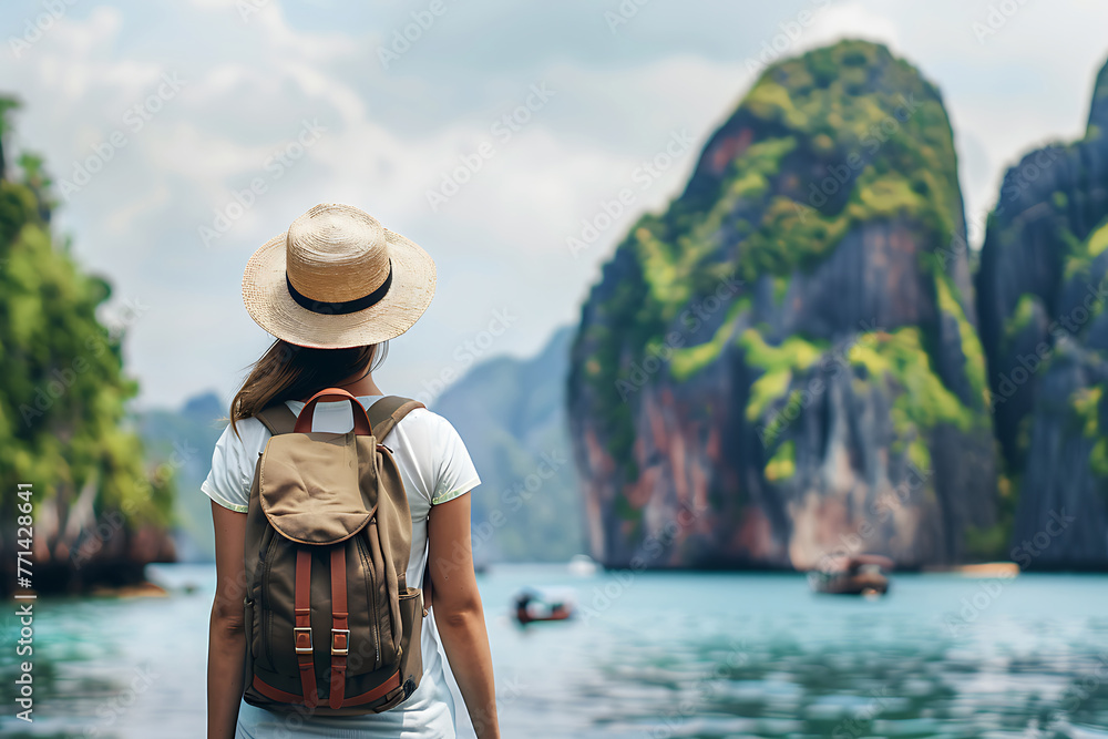 Back view of tourist woman with hat and backpack on vacation at island