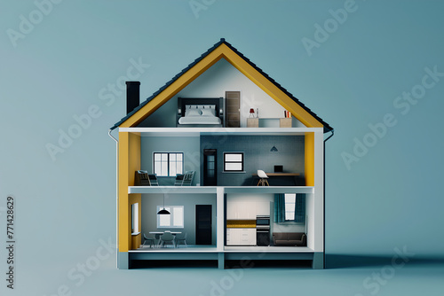 Miniature model of house in section with interior rooms, building cutaway. Residential building with furniture inside. Example of real estate, construction. Future house plan