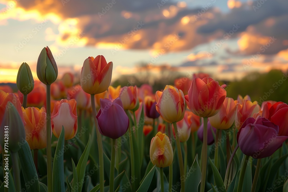 A stunning image of a field brimming with vibrant red tulips, illuminated by the rays of sunlight.
