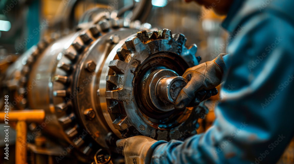 A skilled worker in gloves services a massive industrial gear, emphasizing precision in machinery maintenance. A skilled worker in gloves services a massive industrial gear, emphasizing precision in machinery maintenance.