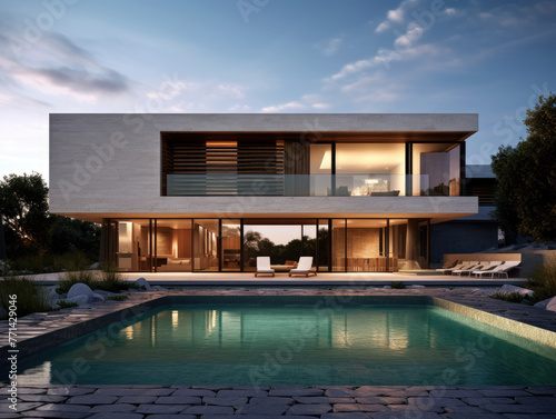 Modern stylish home with a minimalistic design  and a swimming pool in the foreground. Modern minimalistic architecture. Generative AI.