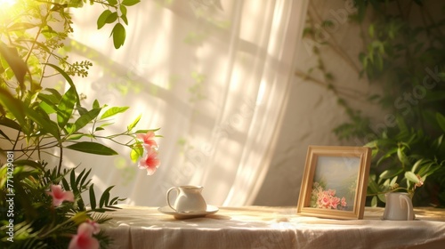 A mockup frame scene set in a garden with an empty frame  a cup of coffee  and blooming flowers on a wooden surface.