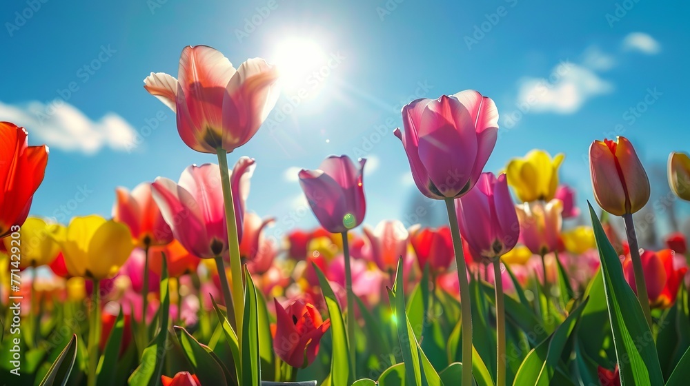 A stunning image of a field brimming with vibrant red tulips, illuminated by the rays of sunlight. A stunning image of a field brimming with vibrant red tulips, illuminated by the rays of sunlight.