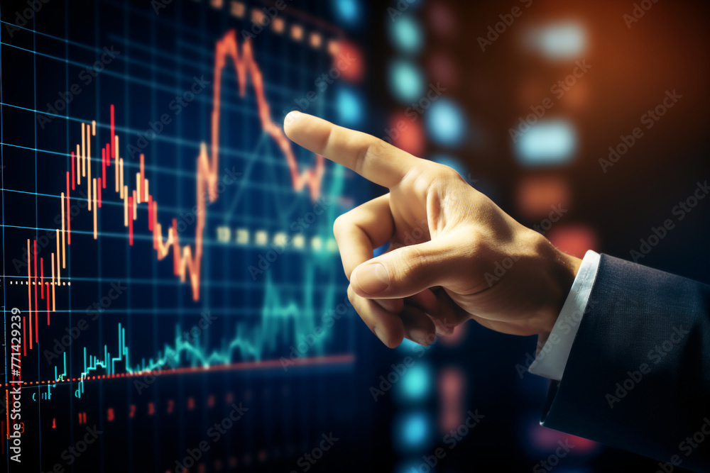 hand of businessman pointing at stock price graph - obrazy, fototapety, plakaty 