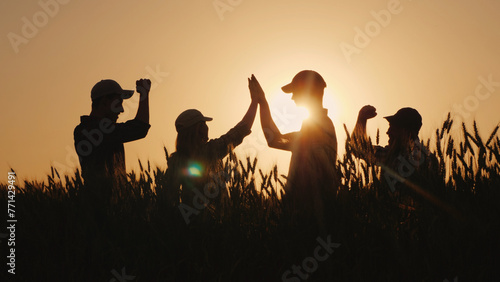 A group of young farmers makes the mark high five in a field of wheat. Success in agribusiness photo