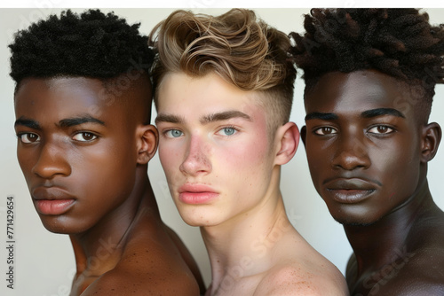 Three young and pretty, diverse and metrosexual males photo
