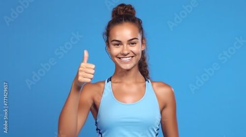 Young tennis player Romanian woman isolated on blue background photo