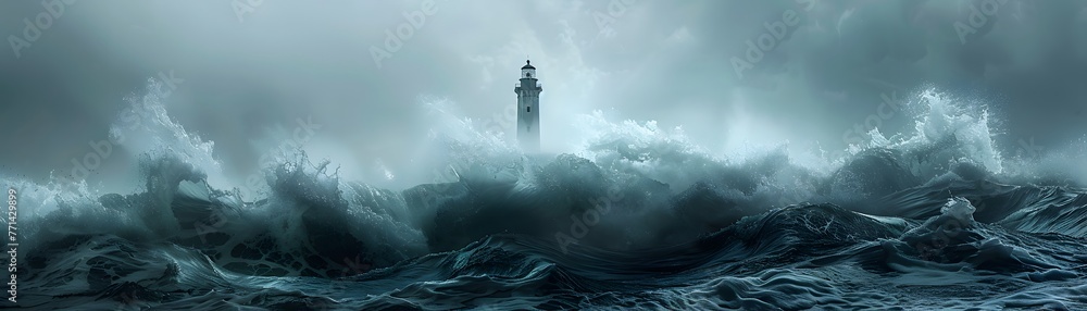 A solitary lighthouse stands resilient against towering stormy sea waves under a moody dusk sky, evoking a sense of guidance and steadfastness. - obrazy, fototapety, plakaty 